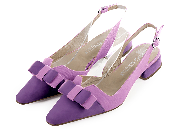 Amethyst purple women's open back shoes, with a knot. Tapered toe. Flat block heels. Front view - Florence KOOIJMAN